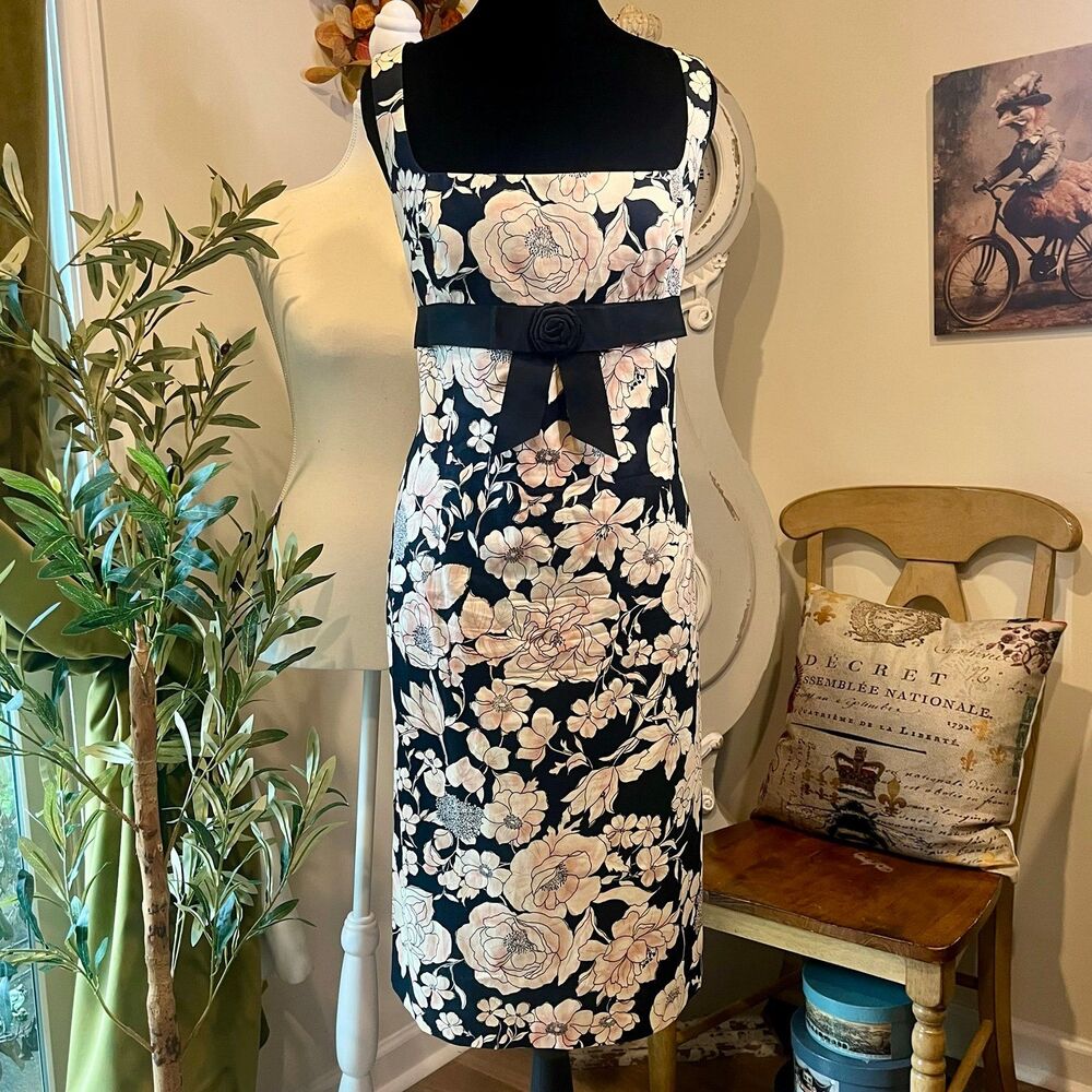 Maggy London Floral Sheath Dress Size 14 Black Pink Rose Bow Accent Midi